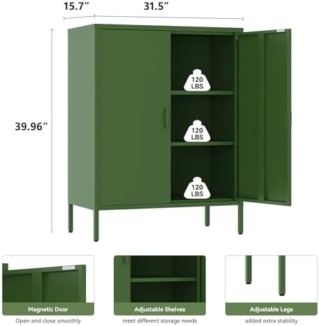 YAUWOH Metal Cabinet with 2 Doors and 4 Shelves，39.96" Tall Steel Office Cabinet,Bathroom Floor Locker for Office,Home,Garage,Gym,School (1PC,Forest Green)