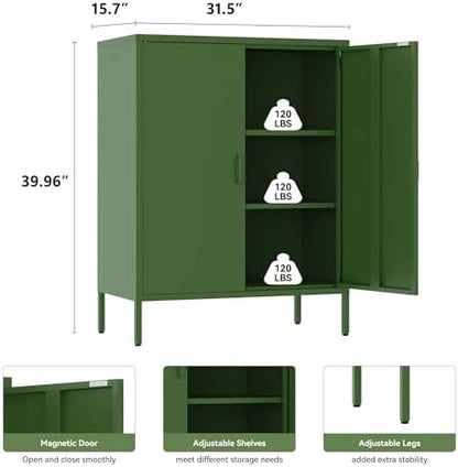 YAUWOH Metal Cabinet with 2 Doors and 4 Shelves，39.96" Tall Steel Office Cabinet,Bathroom Floor Locker for Office,Home,Garage,Gym,School (1PC,Forest Green)