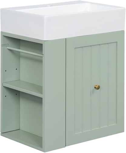 20" Floating Small Bathroom Vanity with Sink, Wall Mounted Vanity for Compact Bathrooms, Space-Saving Narrow Bathroom Vanities with Soft-Close Drawer Open Shelf Towel Bar (Green,20" Floating Drawer)