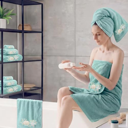 Gilprop 3 Pcs Coastal Ocean Bath Cotton Towels Set Teal Embroidered Towels