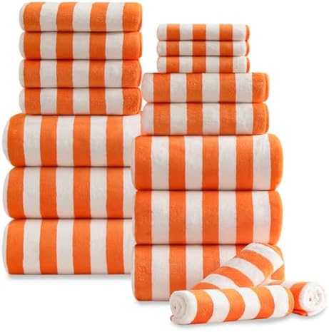 18 Pcs Orange Stripe Bath Towel Set with Hanging Loop-6 Bath Towels,6 Hand Towels,6 Washcloths Soft Family Towels Bathroom Towel Highly Absorbent Quick Dry Shower Towel for Beach Chair Spa Gym Hotel