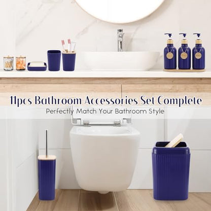 XLHOMO Navy Blue Bathroom Accessories Set 17PCS Bathroom Set with Trash Can 3PCS Lotion Soap Dispenser, Toothbrush Holder,6PCS Wood Tags Bath Accessories with Tray for Kitchen Bathroom