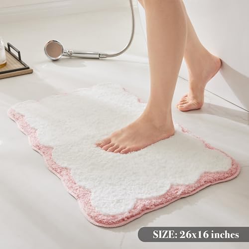 Luxury Microfiber Bathroom Rugs, White Bath Rug with Pink Scalloped Piping Cute Aesthetic Bath Mat for Bathroom, Tub, Floor Carpet, Sink, Shower, Anti Slip, Extra Soft, Absorbent, 26x16