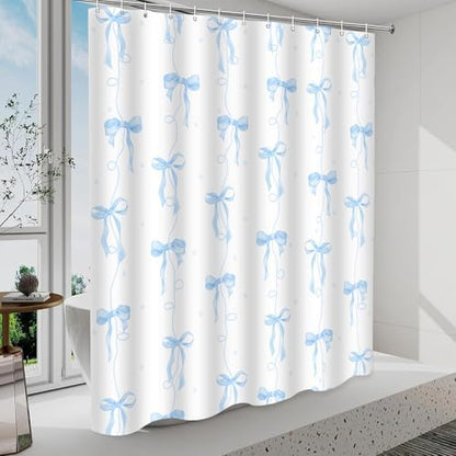 Blue Bow Shower Curtain for Bathroom Decor, Teen Girls Theme, 72x72In