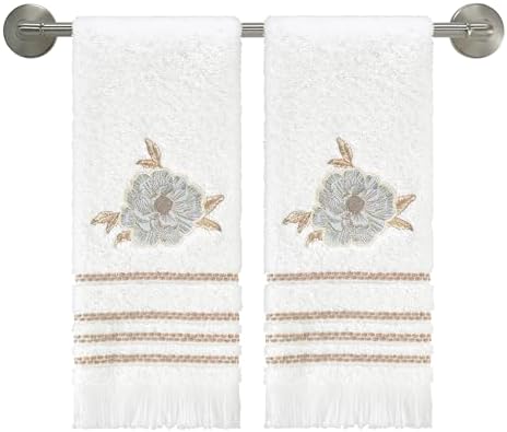 Nicole Miller – Hand Towels, Ringspun Cotton Terry with Floral Embroidered Detail, Striped Accents and Brush Fringe, Set of 2 (Camille)