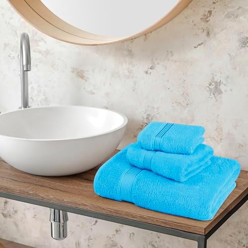 Belizzi Home Ultra Soft 3 Pack Cotton Towel Set, Contains a Bath Towel 28x55 inch, a Hand Towel 16x24 inch & a Wash Coth 12x12 inch, Ideal Everyday use, Compact & Lightweight - Turquoise Blue