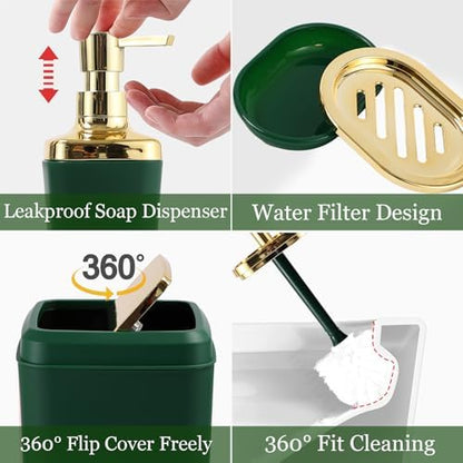 XLHOMO Green and Gold Bathroom Accessories Set, Bathroom Sets with Shower Curtain, Green Bathroom Accessories with Trash Can, Soap Dispenser, Soap Dish, Toilet Brush Holder, Qtip Holders