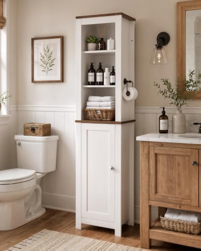 66'' Tall Bathroom Storage Cabinet, Modern Farmhouse Storage Cabinets with Adjustable Shelves & Anti-Tip Design Floor Narrow Cabinet for Bathroom, Living Room, Entryway, Kitchen