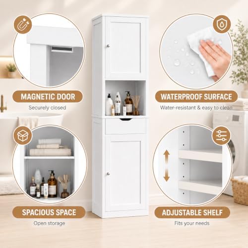 Walsunny Tall Bathroom Storage Cabinet with 6 Adjustable Shelves, White