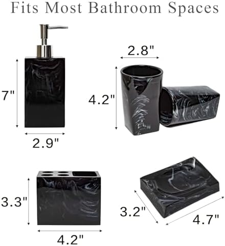 5 Piece Bathroom Accessories Set, Marble Resin Bathroom Vanity Set, Soap Dispenser, Toothbrush Holder, Soap Dish & 2 Tumblers, Bathroom Countertop Organizer Set (Ink Black)