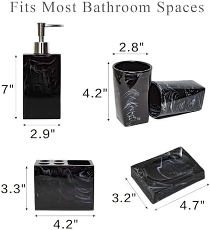 5 Piece Bathroom Accessories Set, Marble Resin Bathroom Vanity Set, Soap Dispenser, Toothbrush Holder, Soap Dish & 2 Tumblers, Bathroom Countertop Organizer Set (Ink Black)