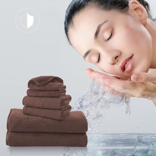 TENSTARS Luxury Silk Hemming Towel Set - Light Thin Quick Drying - 2 Bath Towels 2 Hand Towels 2 Washcloths - Ultra Soft Microfiber Towel for Bath Fitness, Sports, Yoga, Travel (Wood Brown 6 Pieces)