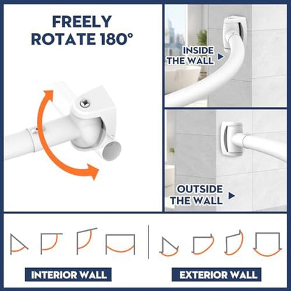White Curved Shower Curtain Rod 33-78 Inches Adjustable Splicing Design Shower Rods Curved Round Bowed Rust proof, Premium Stainless Steel Need To Drill Shower Curtain Rod for Bathroom, Bathtub, Stall