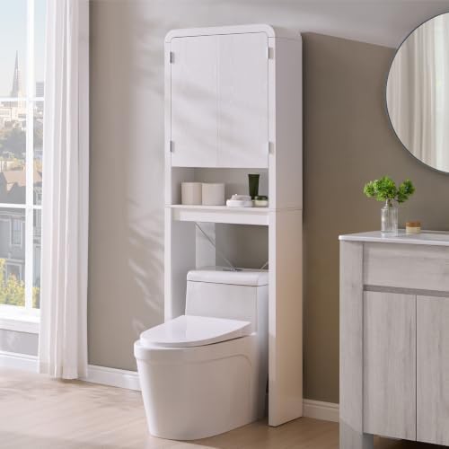 Over the Toilet Storage Cabinet, 69.69" Curved Bathroom Storage Organizer Cabinet with Doors and Adjustable Shelves, Wooden Free Standing Toilet Space Saver Rack, White