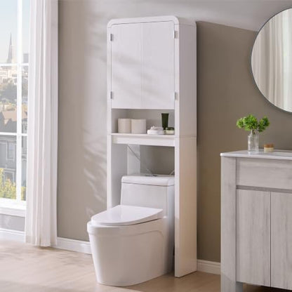 Over the Toilet Storage Cabinet, 69.69" Curved Bathroom Storage Organizer Cabinet with Doors and Adjustable Shelves, Wooden Free Standing Toilet Space Saver Rack, White
