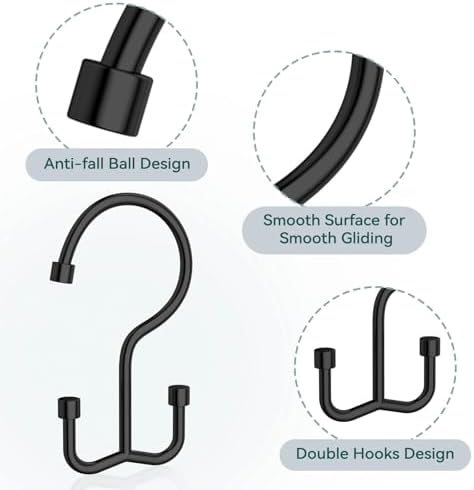 Goowin Shower Curtain Hooks, Shower Curtain Rings, Durable Rust Proof Black Shower Curtain Hooks, Shower Rings for Curtain, Double Glide Shower Hooks for Shower Curtain, Black, 12 Pack-Cylinders