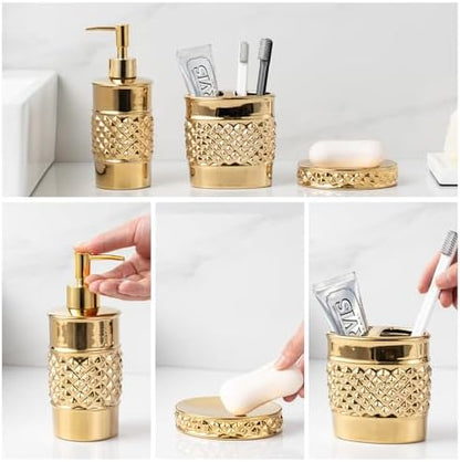 3-Piece Gold Ceramic Bathroom Accessories Set - Luxurious Soap Dispenser, Toothbrush Holder & Soap Dish with Modern Geo Embossed Design for Bathroom Accessory Set