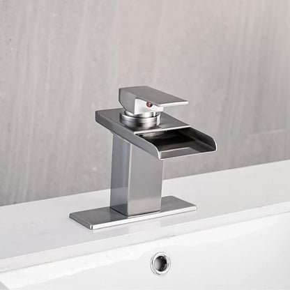 LED Bathroom Sink Faucet, Brushed Nickel Waterfall Single Hole Handle Vanity Faucets for Sinks 1 Hole with Metal Pop Up Drain and 2 Water Supply Lines, Stainless Steel Spout