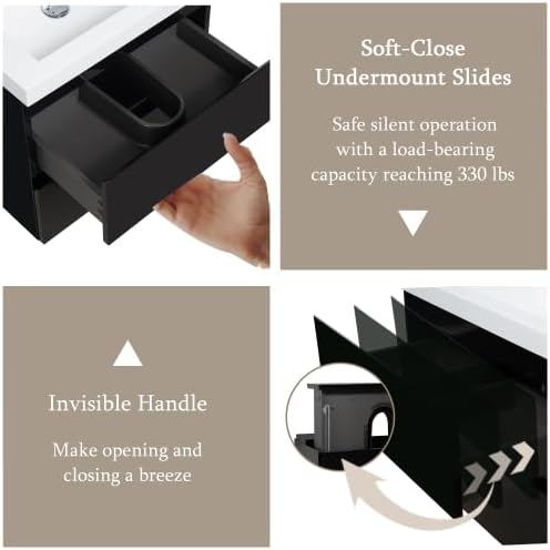 KEIKI 24'' Wall-Mounted Bathroom Vanity with Sink - Floating Design, 2 Soft-Close Drawers & Resin Basin, Space-Saving for Small Bathrooms, Glossy Black