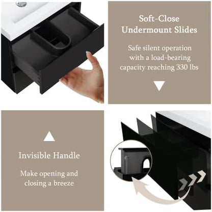 KEIKI 24'' Wall-Mounted Bathroom Vanity with Sink - Floating Design, 2 Soft-Close Drawers & Resin Basin, Space-Saving for Small Bathrooms, Glossy Black