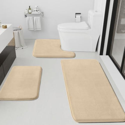 HUXMEYSON Bathroom Rugs Sets 3 Piece, Non-Slip & Quick Dry Bath Mat Set, Ultra Soft Velvet Bath Rugs for Bathroom, Toilet and Shower Floor, Light Coffee