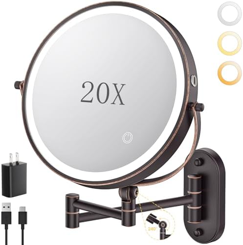 9" Wall Mounted Lighted Makeup Mirror,4000mAh Rechargeable Double Sided 1X/20X Magnifying Mirror with Light,Touch Dimmable,Extended Arm 360 Rotation Wall Mounted Makeup Mirror 3 Color Lights-Bronze