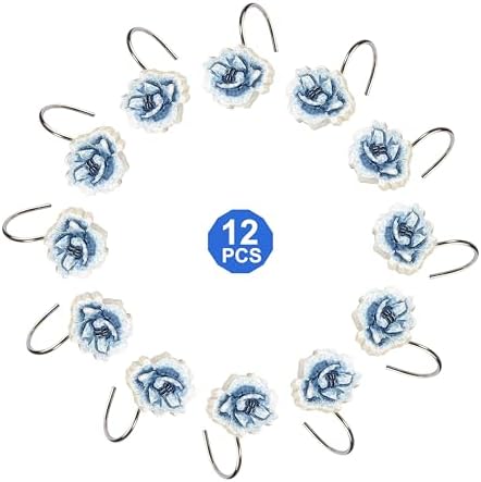 Zahari Home Dublin Rose Shower Hooks Set - Rust-Proof Curtain Rings with Unique Design - 12 Resin Hooks for Customizing Your Shower Space