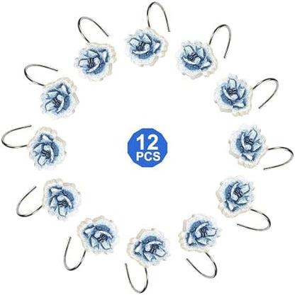 Zahari Home Dublin Rose Shower Hooks Set - Rust-Proof Curtain Rings with Unique Design - 12 Resin Hooks for Customizing Your Shower Space