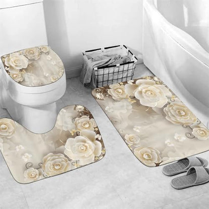 Chrainy 4pcs Beige Flowers Shower Cutain Bathroom Decor Sets with Rugs