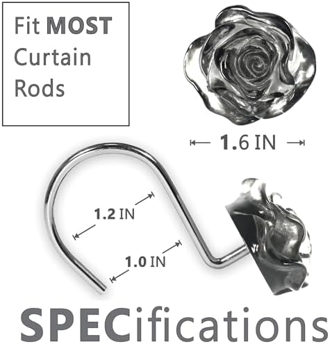 Grey Rose Shower Curtain Hooks: Cute Flower Bathroom Curtain Rings, 12Pcs
