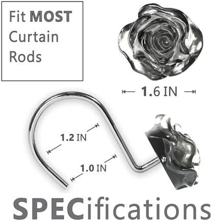 Grey Rose Shower Curtain Hooks: Cute Flower Bathroom Curtain Rings, 12Pcs