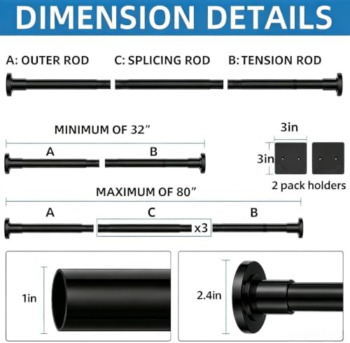 CorkLatta Matte Black Shower Curtain Rod,1 Inch Diameter Stainless Steel Adjustable Spring Tension Rods 32 to 80",with Holders,Anti-Slip,Curtain Rods No Drilling(1 Pack)