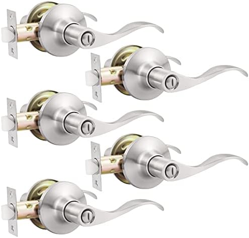 GOBEKOR 5 Pack Brushed Nickel Door Handle Interior Door Levers Privacy for Bedroom Bathroom Door Lock Keyless Wave Lever Door Handles
