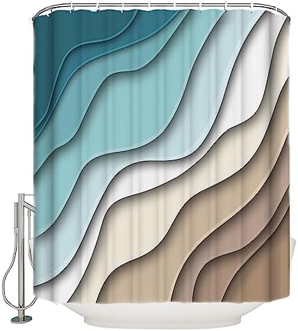 Shower Curtain Bathroom Set Teal Stripes Gradient Water Ripple Waterproof Shower Curtains with Grommets Hooks Brown Abstract Geometric Modern Art Privacy Bath Curtain for Bathtub Decor 72x72in