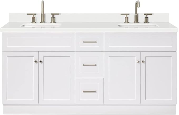 ARIEL Hamlet 72-inch Bathroom Vanity with Sink,Solid Wood, 1.5-inch Pure White Quartz Countertop & Backsplash, Double Rectangular Porcelain Sink, 4 Soft Closing Doors, 3 Dovetail Drawers, White
