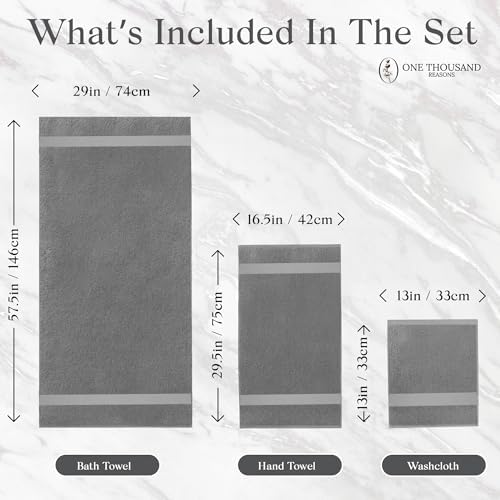 Premium Staple Cotton Bathroom Towel Set - Gray 600 GSM 6-Piece Luxury Bath Towel Set 1 Stripe - 2 Bath Towels, 2 Hand Towels & 2 Washclothes Set - High Absorbent & Quick Dry for Gym, Spa, Hotel