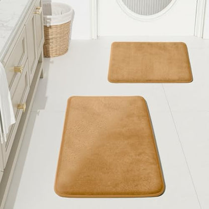HUXMEYSON Bathroom Rugs Sets 2 Piece, Non-Slip & Quick Dry Bath Mat Set, Ultra Soft Velvet Bath Rugs for Bathroom, Toilet and Shower Floor, Khaki