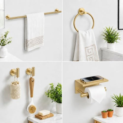 Brushed Gold Bathroom Accessories Set, 5 Pieces Gold Towel Bar Bathroom Hardware Set, 31.5 Inch Towel Racks for Bathroom, SUS304 Stainless Steel Bathroom Towel Holder Toilet Paper Holder Wall Mounted