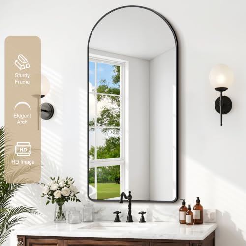 GLASHOM Arched Bathroom Vanity Mirror, 20"x40" Black Frame Wall Mirror