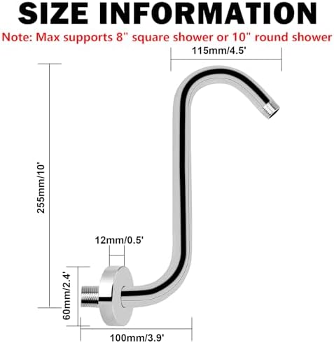 NearMoon S Shaped Shower Head Riser Arm, Shower Extender Arm with Flange, Standard 1/2" Connection- Bathroom Accessory (10 Inch, Chrome)
