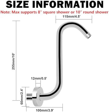 NearMoon S Shaped Shower Head Riser Arm, Shower Extender Arm with Flange, Standard 1/2" Connection- Bathroom Accessory (10 Inch, Chrome)