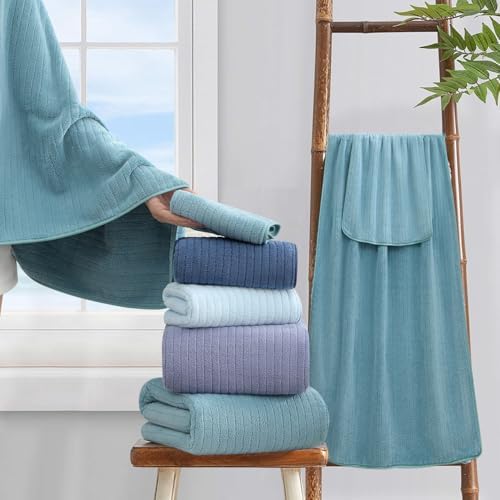 18 Piece Bath Towels Set,Soft Family Bathroom Towel Set with Hanging Loops-6 Bath Towels,6 Hand Towels,6 Washcloths,Highly Absorbent Quick Dry Shower Towel for Bathroom,Hotel,Spa-Turquoise Towel Set