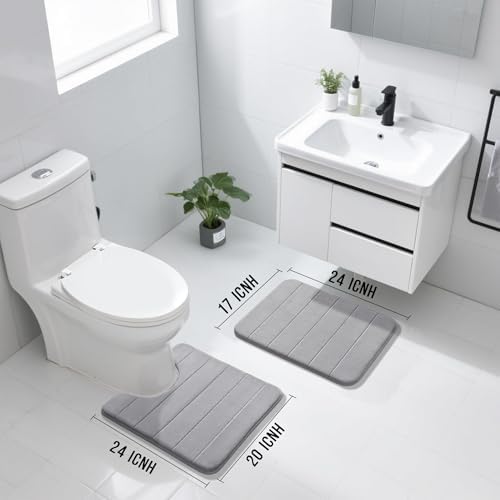 Yimobra U-Shaped Toilet Bath Mat Set 2 Piece - Super Soft Absorbent Quick Dry Memory Foam Bathroom Rugs, Machine Washable Non Slip Floor Carpet for Tub Shower & Single Sink (17x24 & 24x20, Gray)