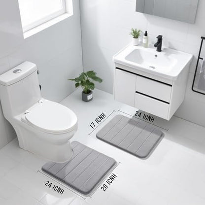 Yimobra U-Shaped Toilet Bath Mat Set 2 Piece - Super Soft Absorbent Quick Dry Memory Foam Bathroom Rugs, Machine Washable Non Slip Floor Carpet for Tub Shower & Single Sink (17x24 & 24x20, Gray)