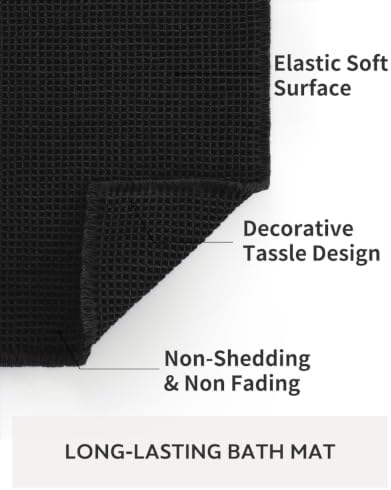 tchdio Waffle Bath Mat Rug, Super Absorbent Non Slip Bath Mats Ultra Soft Bathmat Machine Washable Bathroom Rugs with Tassels, Bath Rugs for Bathroom Floor Beside Tub, 17" x 24", Black