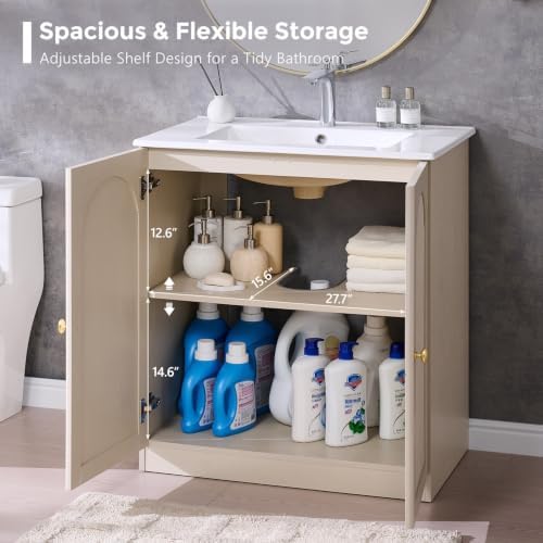 IFBUY 30 Inch Arched Bathroom Vanity with Sink, Modern Fluted Design, Cream