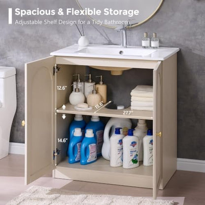 IFBUY 30 Inch Arched Bathroom Vanity with Sink, Modern Fluted Design, Cream