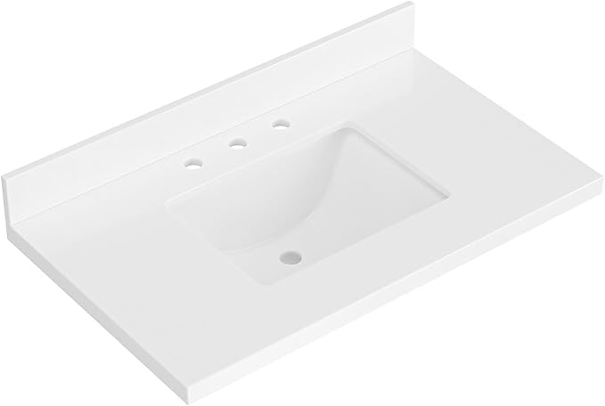 ARIEL 36 inch Bathroom Vanity top with Sink, 1.5 Inch Thick Miter Edge White Quartz top, Rectangle Single Porcelain Sink, Includes Backsplash