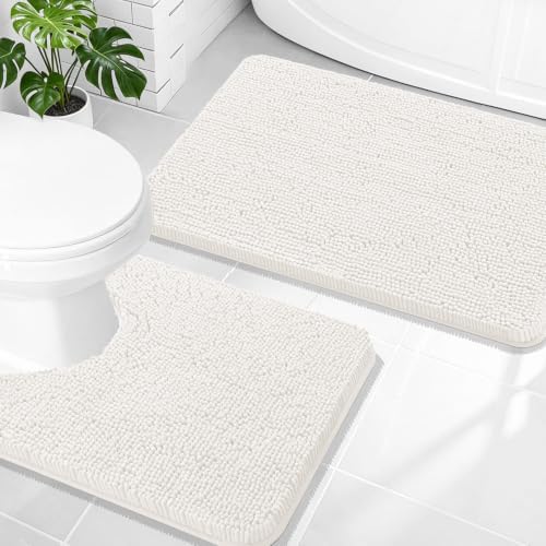 OLANLY Chenille Bathroom Rugs Mats Sets 2 Piece, 30"x20"+24"x20", Ivory