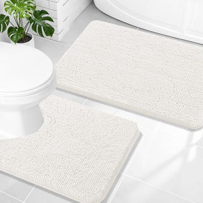 OLANLY Chenille Bathroom Rugs Mats Sets 2 Piece, 30"x20"+24"x20", Ivory